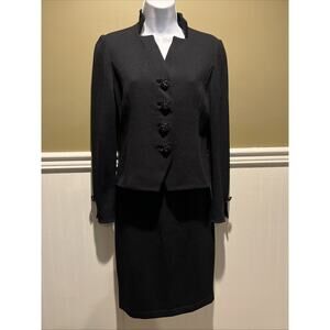 Vtg St John Evening 2pc Skirt Suit Black Santana Knit Button Front Jacket Size 2